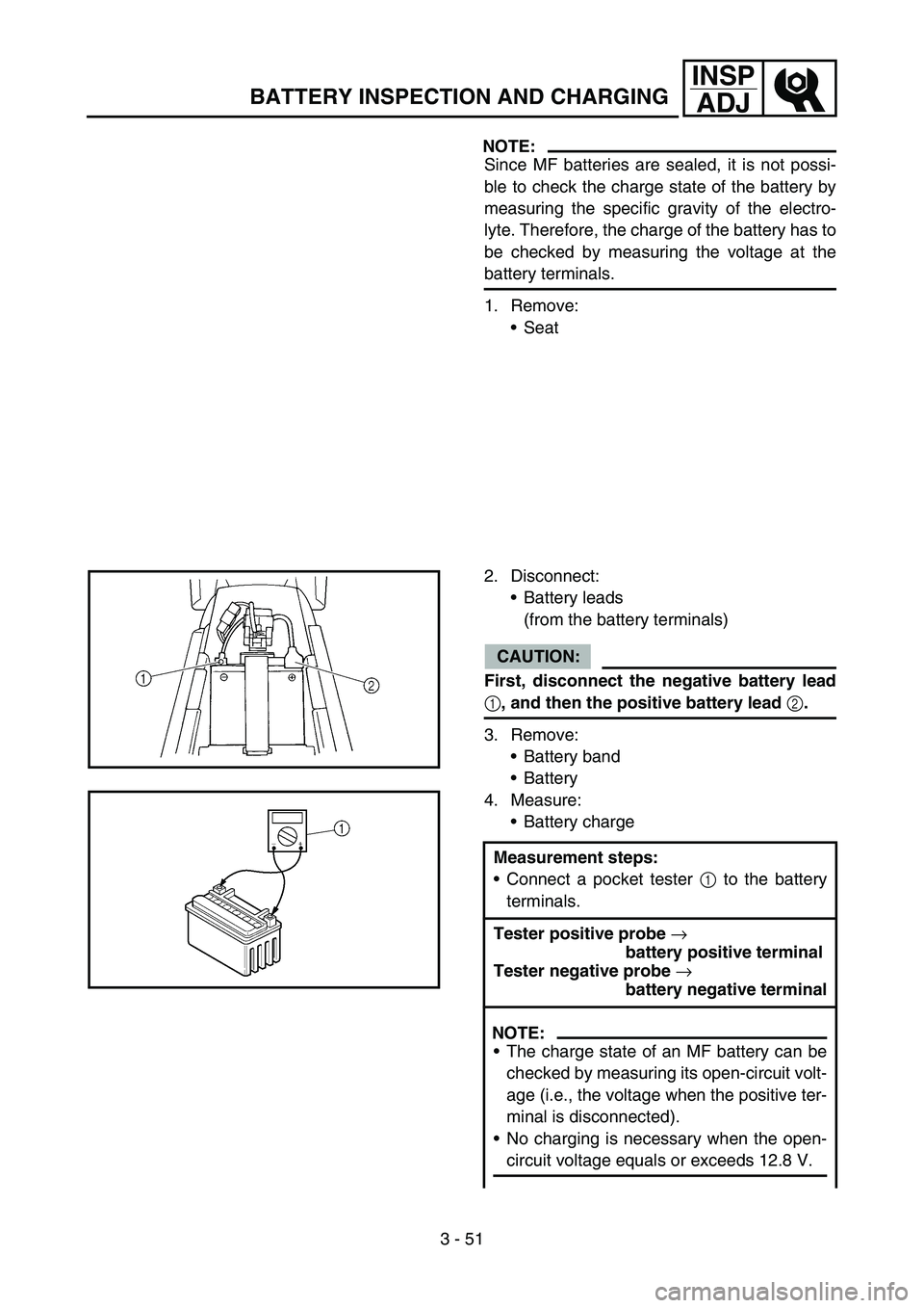 YAMAHA WR 450F 2006 Owners Manual 3 - 51
INSP
ADJ
BATTERY INSPECTION AND CHARGING
NOTE:
Since MF batteries are sealed, it is not possi-
ble to check the charge state of the battery by
measuring the specific gravity of the electro-
lyt YAMAHA WR 450F 2006 Owners Manual 3 - 51
INSP
ADJ
BATTERY INSPECTION AND CHARGING
NOTE:
Since MF batteries are sealed, it is not possi-
ble to check the charge state of the battery by
measuring the specific gravity of the electro-
lyt