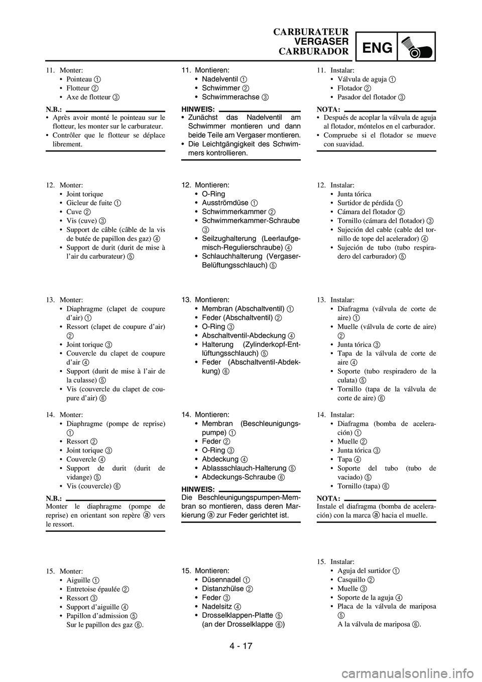 YAMAHA WR 450F 2006 Owners Manual ENG
4 - 17
11. Montieren:
Nadelventil
1
Schwimmer
2
Schwimmerachse
3
HINWEIS:
Zunächst das Nadelventil am
Schwimmer montieren und dann
beide Teile am Vergaser montieren.
Die Leichtgängigk YAMAHA WR 450F 2006 Owners Manual ENG
4 - 17
11. Montieren:
Nadelventil
1
Schwimmer
2
Schwimmerachse
3
HINWEIS:
Zunächst das Nadelventil am
Schwimmer montieren und dann
beide Teile am Vergaser montieren.
Die Leichtgängigk