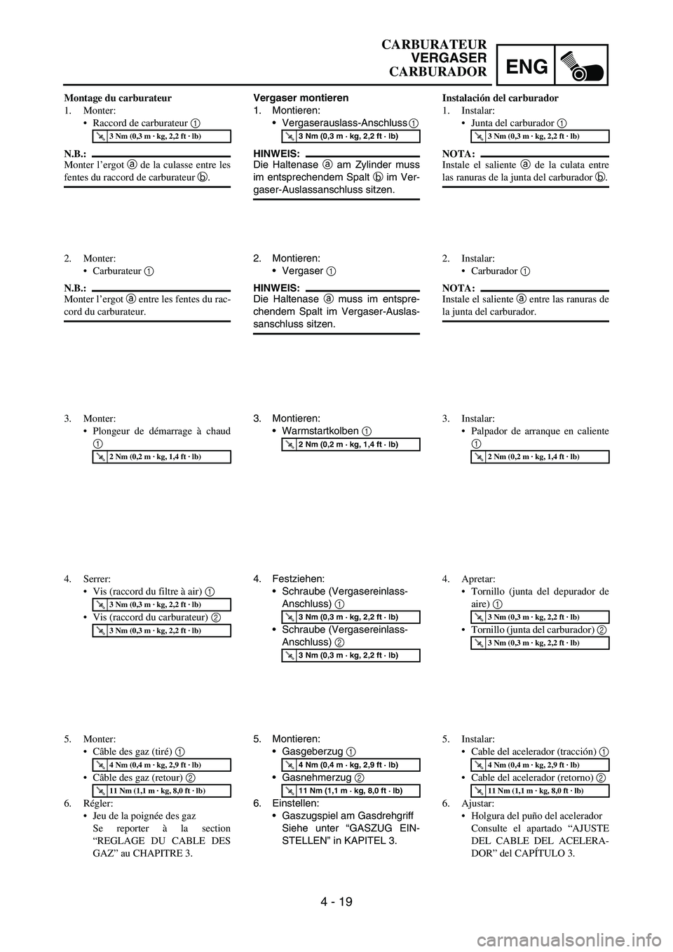YAMAHA WR 450F 2006 Owners Manual ENG
4 - 19
Vergaser montieren
1. Montieren:
Vergaserauslass-Anschluss
1
HINWEIS:
Die Haltenase
a am Zylinder muss
im entsprechendem Spalt
b im Ver-
gaser-Auslassanschluss sitzen.
T R..3 Nm (0,3 m YAMAHA WR 450F 2006 Owners Manual ENG
4 - 19
Vergaser montieren
1. Montieren:
Vergaserauslass-Anschluss
1
HINWEIS:
Die Haltenase
a am Zylinder muss
im entsprechendem Spalt
b im Ver-
gaser-Auslassanschluss sitzen.
T R..3 Nm (0,3 m