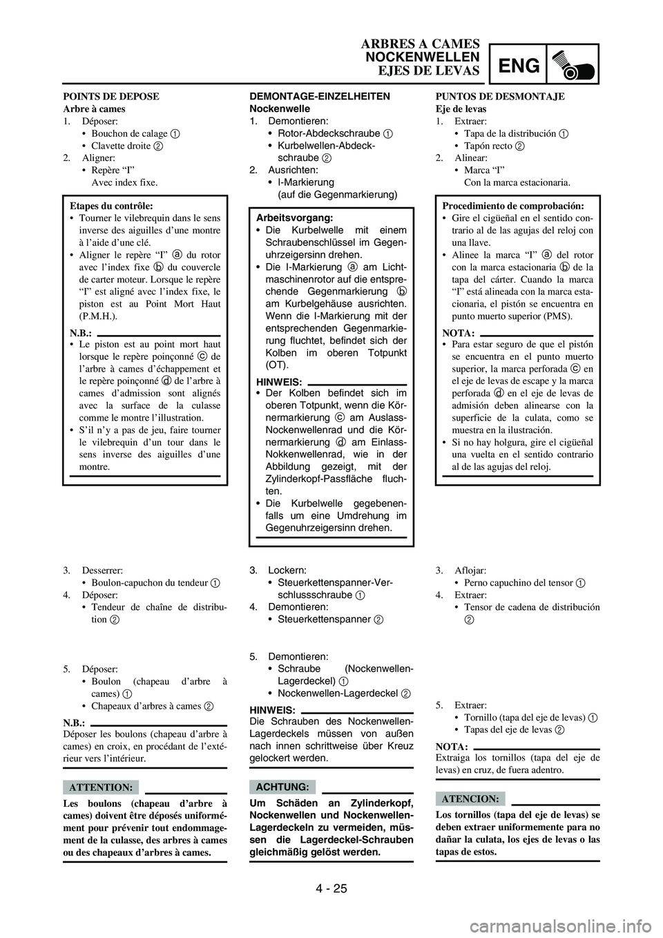 YAMAHA WR 450F 2006 Owners Manual ENG
4 - 25
DEMONTAGE-EINZELHEITEN
Nockenwelle
1. Demontieren:
Rotor-Abdeckschraube
1
Kurbelwellen-Abdeck-
schraube
2
2. Ausrichten:
I-Markierung
(auf die Gegenmarkierung)
Arbeitsvorgang:
Die K YAMAHA WR 450F 2006 Owners Manual ENG
4 - 25
DEMONTAGE-EINZELHEITEN
Nockenwelle
1. Demontieren:
Rotor-Abdeckschraube
1
Kurbelwellen-Abdeck-
schraube
2
2. Ausrichten:
I-Markierung
(auf die Gegenmarkierung)
Arbeitsvorgang:
Die K