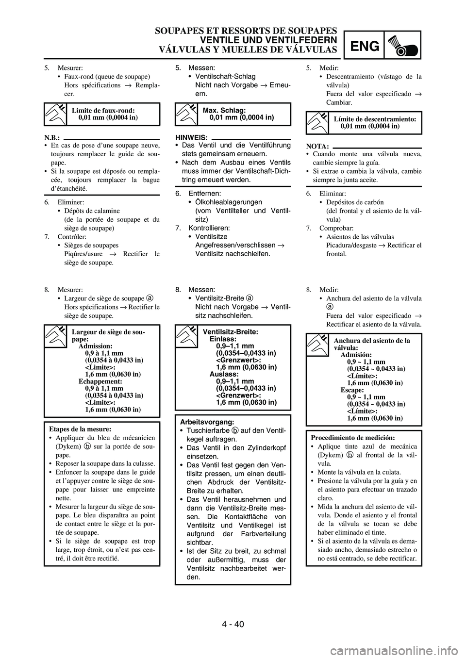 YAMAHA WR 450F 2006 Owners Manual ENG
4 - 40
5. Messen:
Ventilschaft-Schlag
Nicht nach Vorgabe
→ Erneu-
ern.
HINWEIS:
Das Ventil und die Ventilführung
stets gemeinsam erneuern.
Nach dem Ausbau eines Ventils
muss immer der Venti YAMAHA WR 450F 2006 Owners Manual ENG
4 - 40
5. Messen:
Ventilschaft-Schlag
Nicht nach Vorgabe
→ Erneu-
ern.
HINWEIS:
Das Ventil und die Ventilführung
stets gemeinsam erneuern.
Nach dem Ausbau eines Ventils
muss immer der Venti