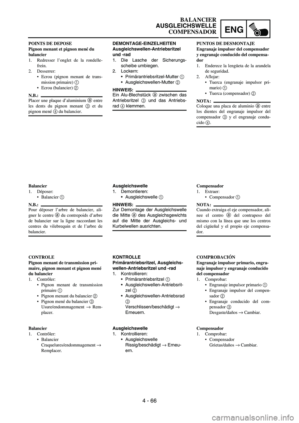 YAMAHA WR 450F 2006 Owners Manual ENG
4 - 66
DEMONTAGE-EINZELHEITEN
Ausgleichswellen-Antriebsritzel
und -rad
1. Die Lasche der Sicherungs-
scheibe umbiegen.
2. Lockern:
Primärantriebsritzel-Mutter
1
Ausgleichswellen-Mutter
2
H YAMAHA WR 450F 2006 Owners Manual ENG
4 - 66
DEMONTAGE-EINZELHEITEN
Ausgleichswellen-Antriebsritzel
und -rad
1. Die Lasche der Sicherungs-
scheibe umbiegen.
2. Lockern:
Primärantriebsritzel-Mutter
1
Ausgleichswellen-Mutter
2
H
