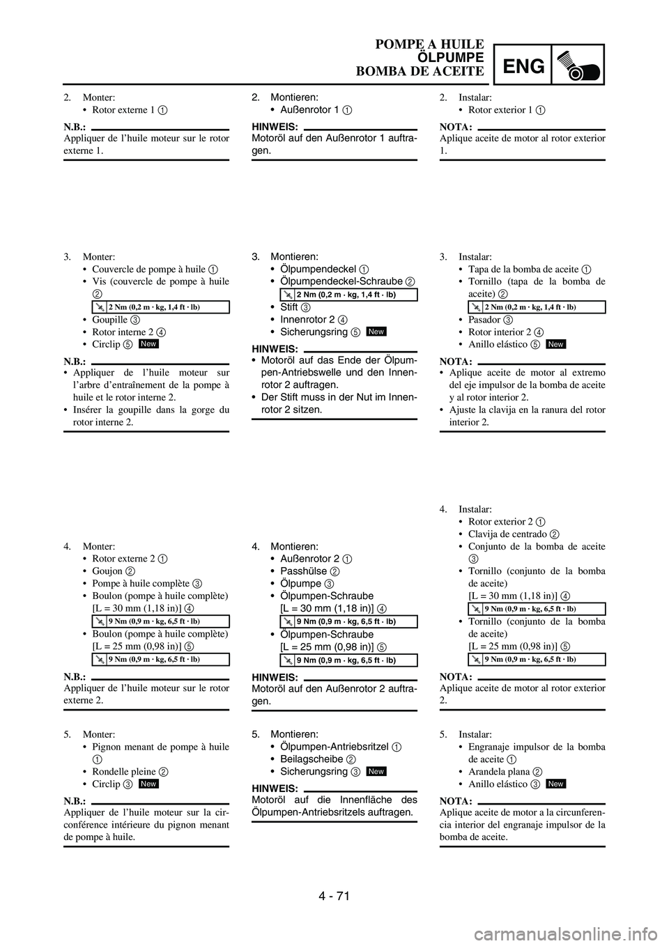 YAMAHA WR 450F 2006 Owners Manual ENG
4 - 71
2. Montieren:
Außenrotor 1
1
HINWEIS:
Motoröl auf den Außenrotor 1 auftra-
gen.
3. Montieren:
Ölpumpendeckel
1
Ölpumpendeckel-Schraube
2
Stift
3
Innenrotor 2
4
Sicherun YAMAHA WR 450F 2006 Owners Manual ENG
4 - 71
2. Montieren:
Außenrotor 1
1
HINWEIS:
Motoröl auf den Außenrotor 1 auftra-
gen.
3. Montieren:
Ölpumpendeckel
1
Ölpumpendeckel-Schraube
2
Stift
3
Innenrotor 2
4
Sicherun