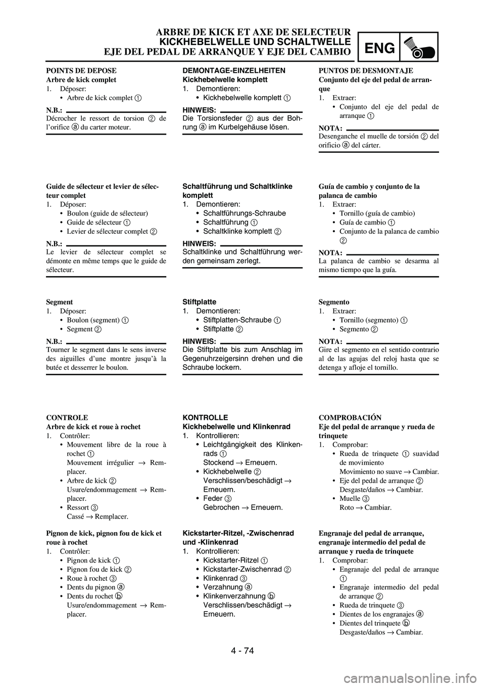 YAMAHA WR 450F 2006 Owners Manual ENG
4 - 74
DEMONTAGE-EINZELHEITEN
Kickhebelwelle komplett
1. Demontieren:
Kickhebelwelle komplett
1
HINWEIS:
Die Torsionsfeder
2 aus der Boh-
rung
a im Kurbelgehäuse lösen.
Schaltführung und S YAMAHA WR 450F 2006 Owners Manual ENG
4 - 74
DEMONTAGE-EINZELHEITEN
Kickhebelwelle komplett
1. Demontieren:
Kickhebelwelle komplett
1
HINWEIS:
Die Torsionsfeder
2 aus der Boh-
rung
a im Kurbelgehäuse lösen.
Schaltführung und S