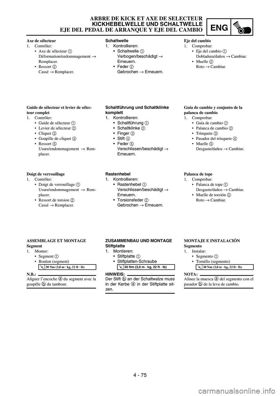 YAMAHA WR 450F 2006 Owners Manual ENG
4 - 75
Schaltwelle
1. Kontrollieren:
Schaltwelle
1
Verbogen/beschädigt
→
Erneuern.
Feder
2
Gebrochen
→ Erneuern.
Schaltführung und Schaltklinke
komplett
1. Kontrollieren:
Schaltf YAMAHA WR 450F 2006 Owners Manual ENG
4 - 75
Schaltwelle
1. Kontrollieren:
Schaltwelle
1
Verbogen/beschädigt
→
Erneuern.
Feder
2
Gebrochen
→ Erneuern.
Schaltführung und Schaltklinke
komplett
1. Kontrollieren:
Schaltf