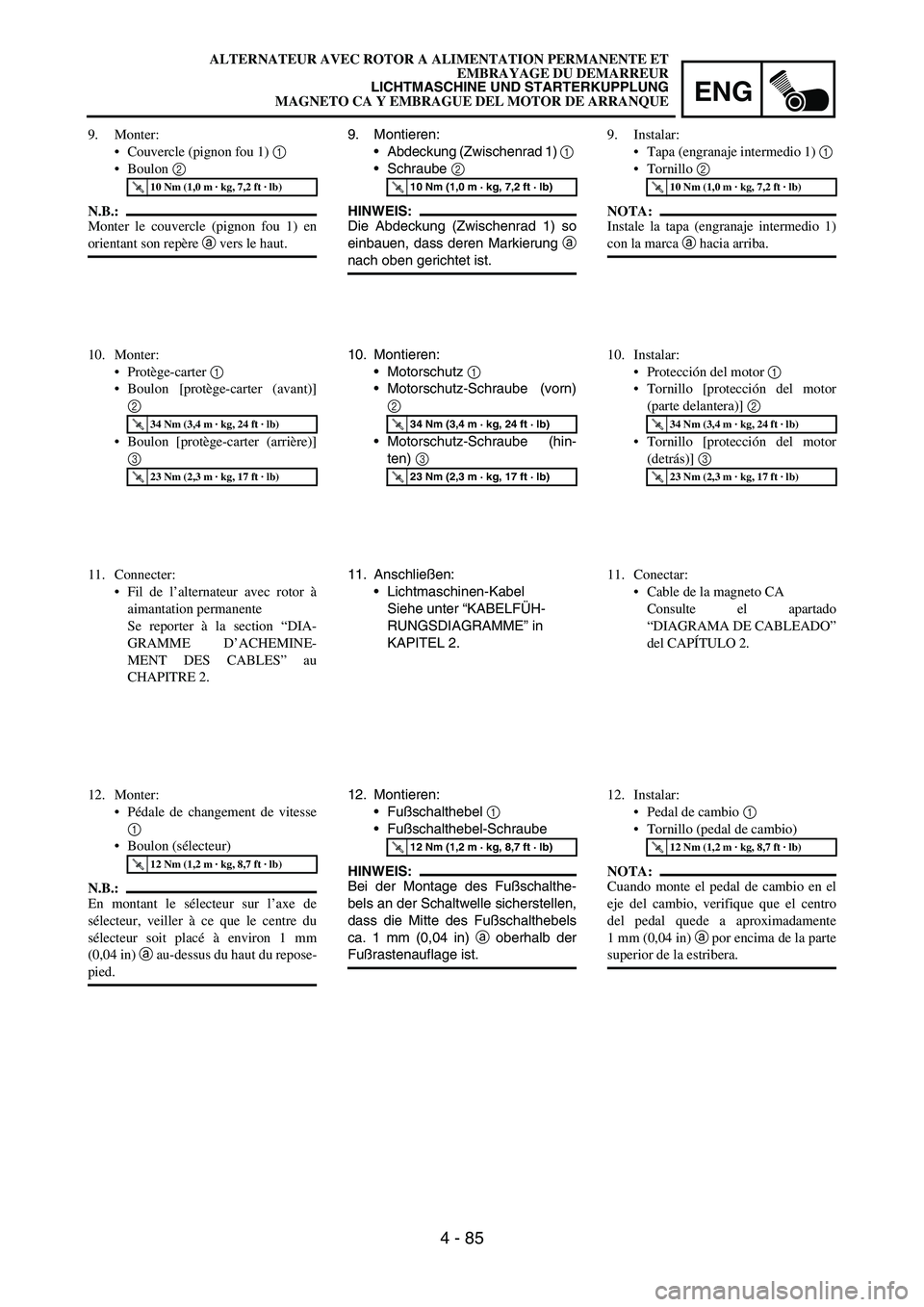 YAMAHA WR 450F 2006 Owners Manual ENG
4 - 85
9. Montieren:
Abdeckung (Zwischenrad 1)
1
Schraube
2
HINWEIS:
Die Abdeckung (Zwischenrad 1) so
einbauen, dass deren Markierung
a
nach oben gerichtet ist.
T R..10 Nm (1,0 m · kg, 7,2 YAMAHA WR 450F 2006 Owners Manual ENG
4 - 85
9. Montieren:
Abdeckung (Zwischenrad 1)
1
Schraube
2
HINWEIS:
Die Abdeckung (Zwischenrad 1) so
einbauen, dass deren Markierung
a
nach oben gerichtet ist.
T R..10 Nm (1,0 m · kg, 7,2