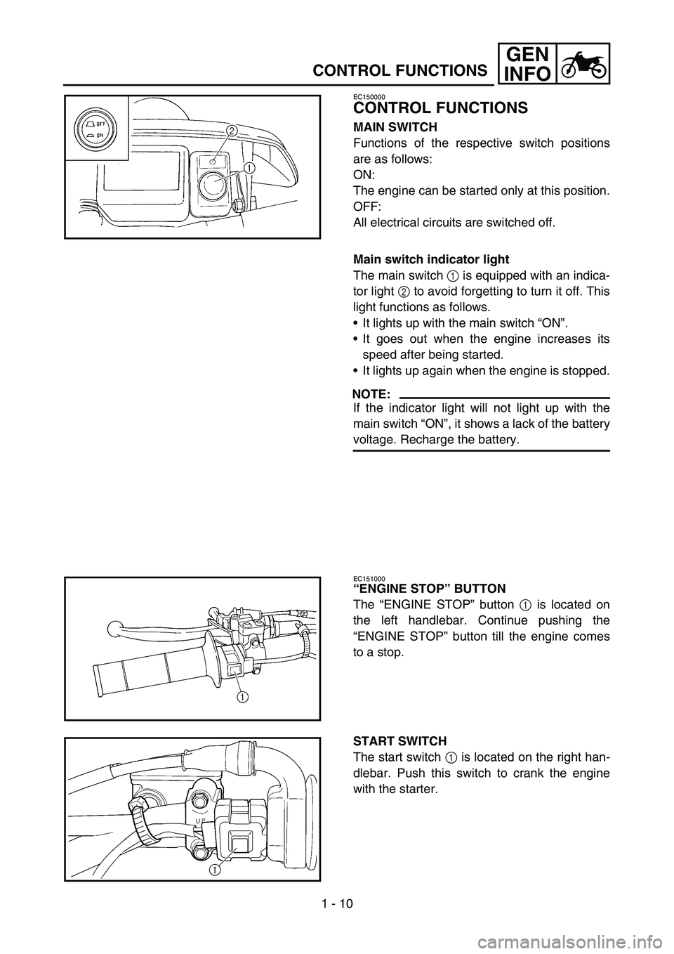 YAMAHA WR 450F 2006  Manuale de Empleo (in Spanish) 1 - 10
GEN
INFO
CONTROL FUNCTIONS
EC150000
CONTROL FUNCTIONS
MAIN SWITCH
Functions of the respective switch positions
are as follows:
ON:
The engine can be started only at this position.
OFF:
All elec