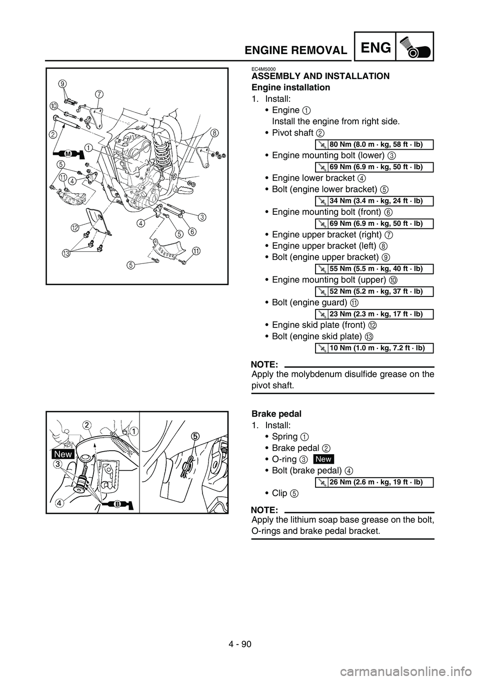 YAMAHA WR 450F 2006 Owners Manual 4 - 90
ENGENGINE REMOVAL
EC4M5000
ASSEMBLY AND INSTALLATION
Engine installation
1. Install:
Engine 1
Install the engine from right side.
Pivot shaft 2
Engine mounting bolt (lower) 3
Engine lowe YAMAHA WR 450F 2006 Owners Manual 4 - 90
ENGENGINE REMOVAL
EC4M5000
ASSEMBLY AND INSTALLATION
Engine installation
1. Install:
Engine 1
Install the engine from right side.
Pivot shaft 2
Engine mounting bolt (lower) 3
Engine lowe