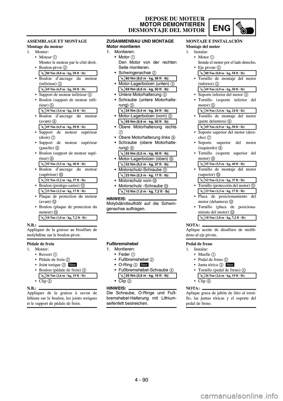 YAMAHA WR 450F 2006 Owners Manual ENG
4 - 90
ZUSAMMENBAU UND MONTAGE
Motor montieren
1. Montieren:
Motor
1
Den Motor von der rechten
Seite montieren.
Schwingenachse
2
Motor-Lagerbolzen (unten)
3
Untere Motorhalterung
4
Sc YAMAHA WR 450F 2006 Owners Manual ENG
4 - 90
ZUSAMMENBAU UND MONTAGE
Motor montieren
1. Montieren:
Motor
1
Den Motor von der rechten
Seite montieren.
Schwingenachse
2
Motor-Lagerbolzen (unten)
3
Untere Motorhalterung
4
Sc