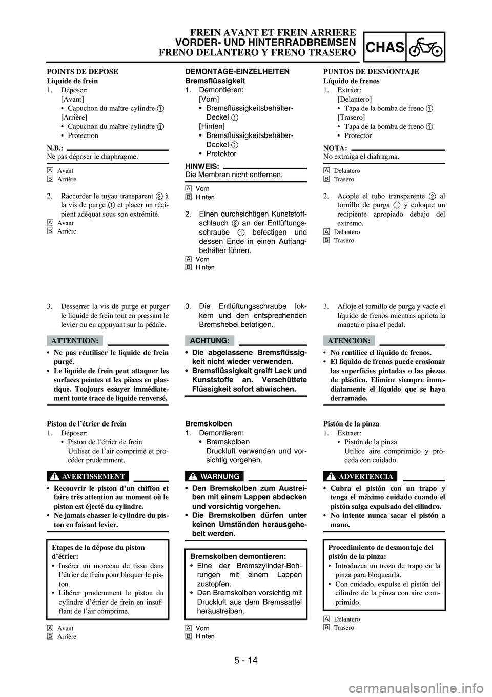 YAMAHA WR 450F 2006  Owners Manual 5 - 14
CHAS
DEMONTAGE-EINZELHEITEN
Bremsflüssigkeit
1. Demontieren:
[Vorn]
Bremsflüssigkeitsbehälter-
Deckel 
1 
[Hinten]
Bremsflüssigkeitsbehälter-
Deckel 
1 
Protektor
HINWEIS:Die Membran ni