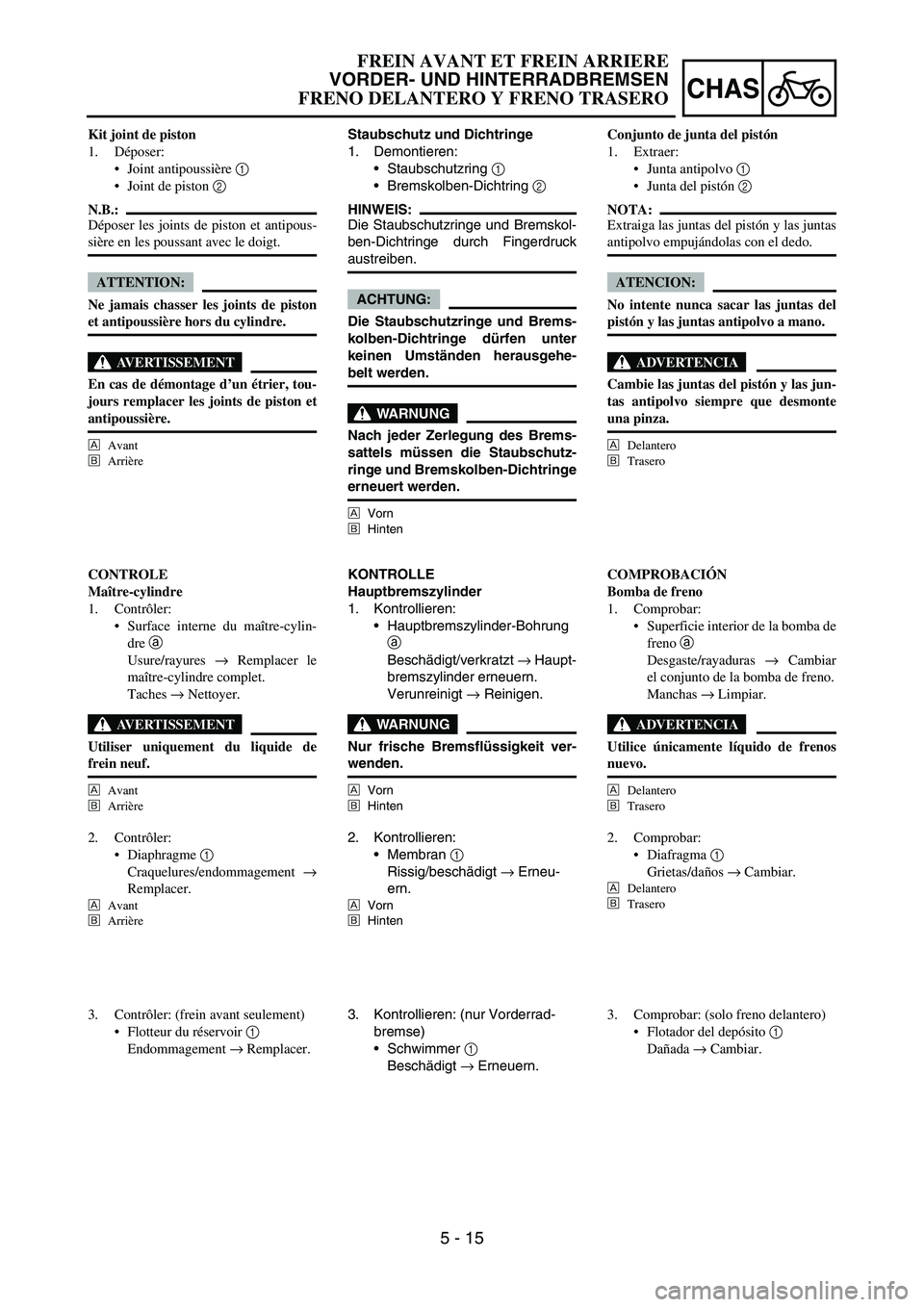 YAMAHA WR 450F 2006 Owners Manual 5 - 15
CHAS
Staubschutz und Dichtringe
1. Demontieren:
Staubschutzring
1
Bremskolben-Dichtring
2
HINWEIS:
Die Staubschutzringe und Bremskol-
ben-Dichtringe durch Fingerdruck
austreiben.
ACHTUNG: YAMAHA WR 450F 2006 Owners Manual 5 - 15
CHAS
Staubschutz und Dichtringe
1. Demontieren:
Staubschutzring
1
Bremskolben-Dichtring
2
HINWEIS:
Die Staubschutzringe und Bremskol-
ben-Dichtringe durch Fingerdruck
austreiben.
ACHTUNG: