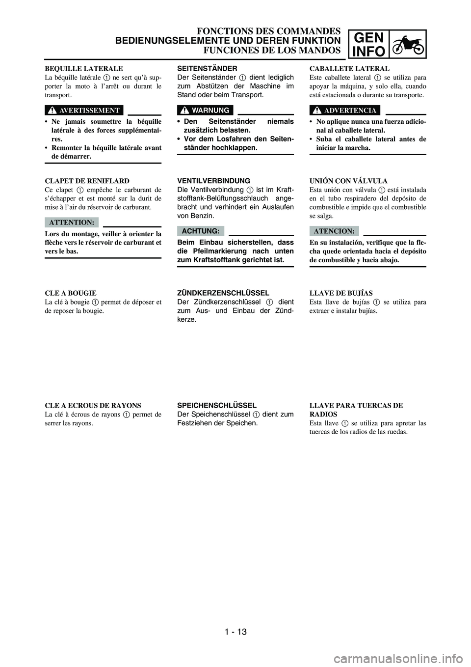 YAMAHA WR 450F 2006 User Guide GEN
INFO
SEITENSTÄNDER
Der Seitenständer 1 dient lediglich
zum Abstützen der Maschine im
Stand oder beim Transport.
WARNUNG
Den Seitenständer niemals
zusätzlich belasten.
Vor dem Losfahren den YAMAHA WR 450F 2006 User Guide GEN
INFO
SEITENSTÄNDER
Der Seitenständer 1 dient lediglich
zum Abstützen der Maschine im
Stand oder beim Transport.
WARNUNG
Den Seitenständer niemals
zusätzlich belasten.
Vor dem Losfahren den