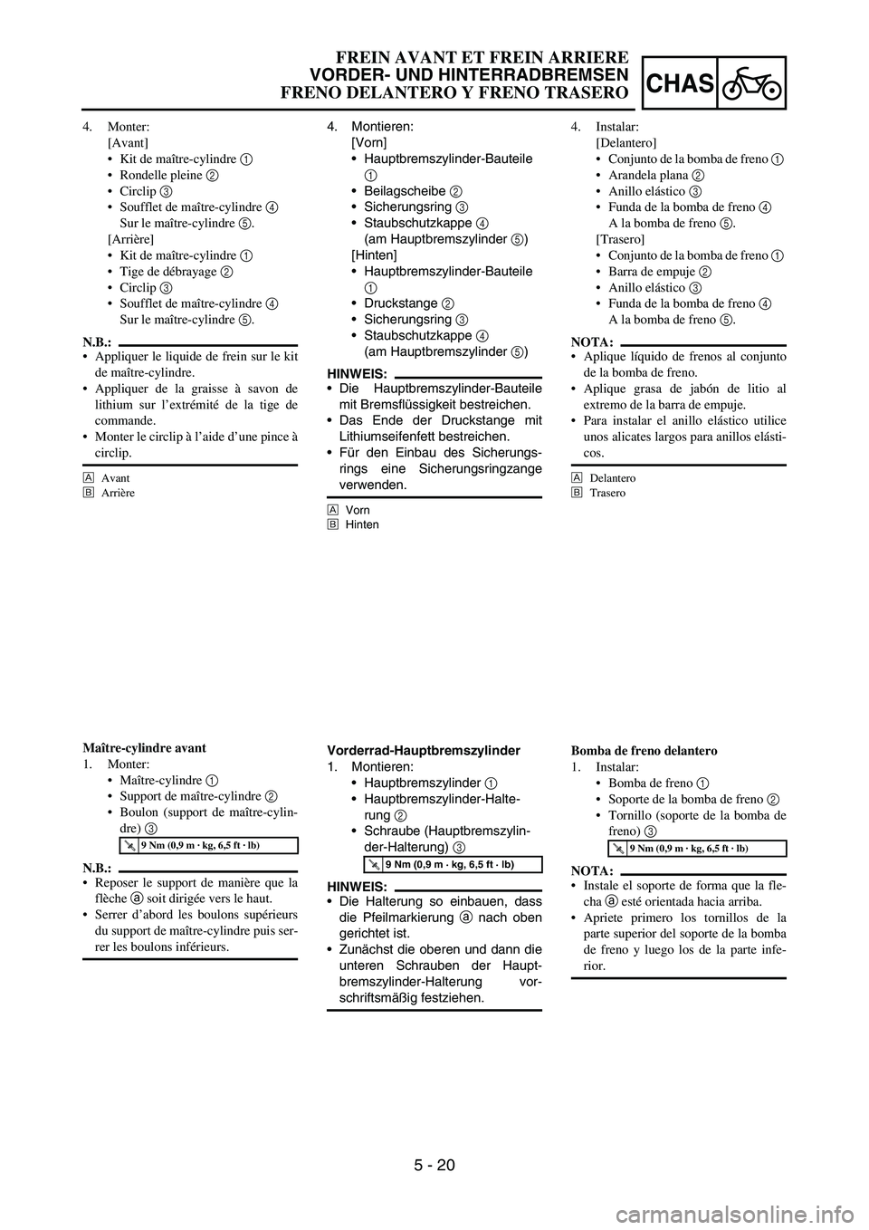 YAMAHA WR 450F 2006  Owners Manual 5 - 20
CHAS
4. Montieren:
[Vorn]
Hauptbremszylinder-Bauteile
1 
Beilagscheibe 
2 
Sicherungsring 
3 
Staubschutzkappe 
4 
(am Hauptbremszylinder 
5)
[Hinten]
Hauptbremszylinder-Bauteile
1 
Druck