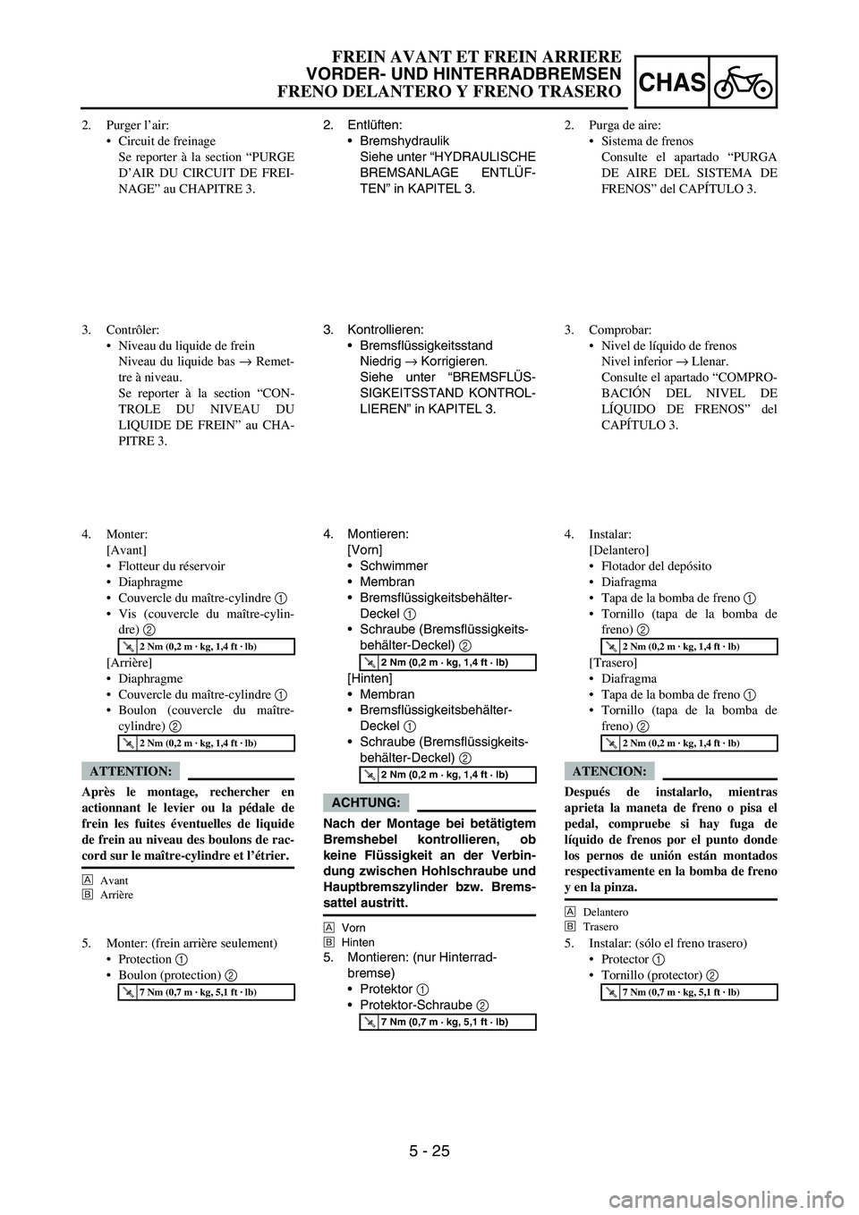 YAMAHA WR 450F 2006 Owners Manual 5 - 25
CHAS
2. Entlüften:
Bremshydraulik
Siehe unter “HYDRAULISCHE
BREMSANLAGE ENTLÜF-
TEN” in KAPITEL 3.
3. Kontrollieren:
Bremsflüssigkeitsstand
Niedrig
→ Korrigieren.
Siehe unter “BRE YAMAHA WR 450F 2006 Owners Manual 5 - 25
CHAS
2. Entlüften:
Bremshydraulik
Siehe unter “HYDRAULISCHE
BREMSANLAGE ENTLÜF-
TEN” in KAPITEL 3.
3. Kontrollieren:
Bremsflüssigkeitsstand
Niedrig
→ Korrigieren.
Siehe unter “BRE
