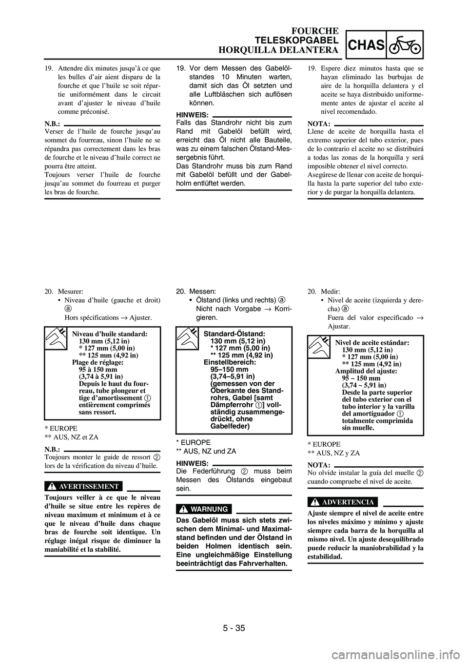YAMAHA WR 450F 2006 Owners Manual 5 - 35
CHAS
19. Vor dem Messen des Gabelöl-
standes 10 Minuten warten,
damit sich das Öl setzten und
alle Luftbläschen sich auflösen
können.
HINWEIS:
Falls das Standrohr nicht bis zum
Rand mit Ga YAMAHA WR 450F 2006 Owners Manual 5 - 35
CHAS
19. Vor dem Messen des Gabelöl-
standes 10 Minuten warten,
damit sich das Öl setzten und
alle Luftbläschen sich auflösen
können.
HINWEIS:
Falls das Standrohr nicht bis zum
Rand mit Ga