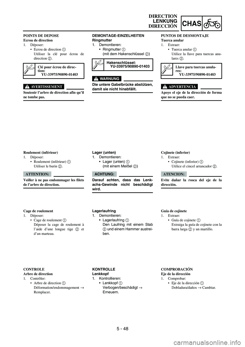 YAMAHA WR 450F 2006 Owners Manual 5 - 48
CHAS
DEMONTAGE-EINZELHEITEN
Ringmutter
1. Demontieren:
Ringmutter
1
(mit dem Hakenschlüssel
2)
WARNUNG
Die untere Gabelbrücke abstützen,
damit sie nicht hinabfällt.
Hakenschlüssel:
YU- YAMAHA WR 450F 2006 Owners Manual 5 - 48
CHAS
DEMONTAGE-EINZELHEITEN
Ringmutter
1. Demontieren:
Ringmutter
1
(mit dem Hakenschlüssel
2)
WARNUNG
Die untere Gabelbrücke abstützen,
damit sie nicht hinabfällt.
Hakenschlüssel:
YU-