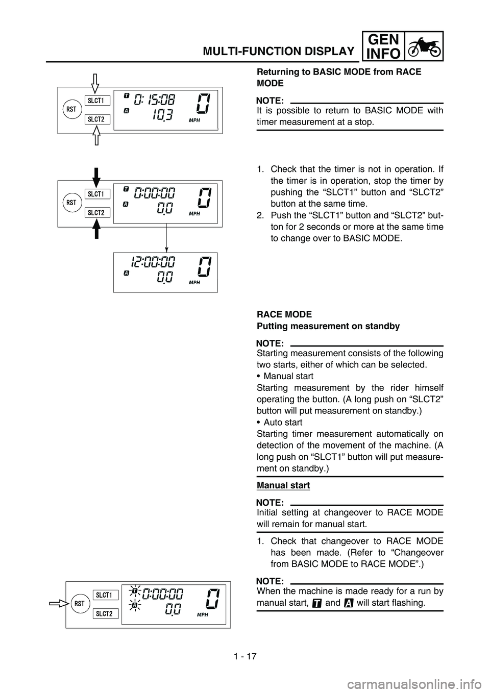 YAMAHA WR 450F 2006 Notices Demploi (in French) 1 - 17
GEN
INFO
MULTI-FUNCTION DISPLAY
Returning to BASIC MODE from RACE
MODE
NOTE:
It is possible to return to BASIC MODE with
timer measurement at a stop.
1. Check that the timer is not in operatio YAMAHA WR 450F 2006 Notices Demploi (in French) 1 - 17
GEN
INFO
MULTI-FUNCTION DISPLAY
Returning to BASIC MODE from RACE
MODE
NOTE:
It is possible to return to BASIC MODE with
timer measurement at a stop.
1. Check that the timer is not in operatio