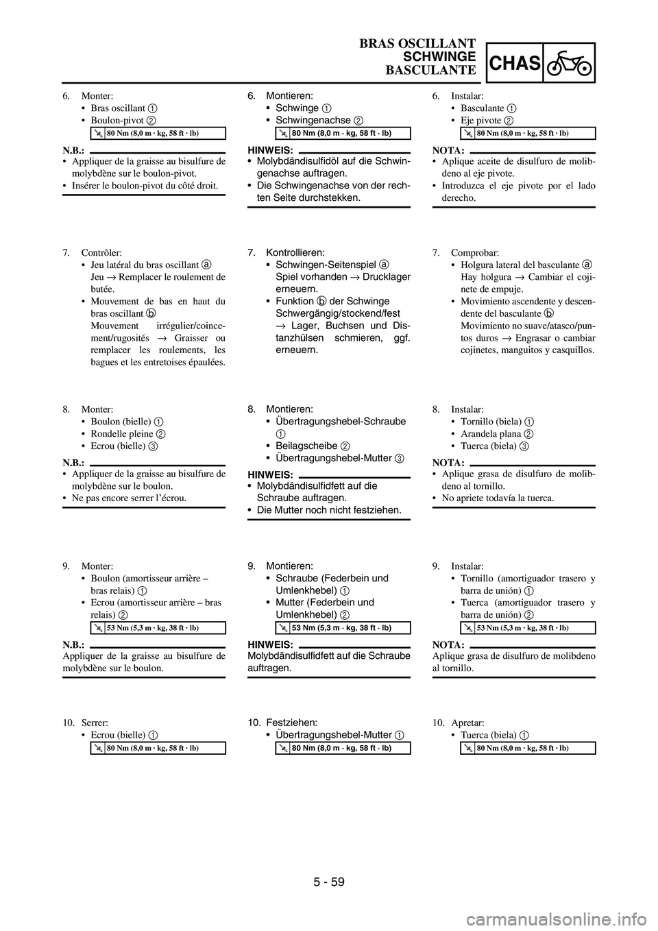 YAMAHA WR 450F 2006 Owners Manual 5 - 59
CHAS
6. Montieren:
Schwinge
1
Schwingenachse
2
HINWEIS:
Molybdändisulfidöl auf die Schwin-
genachse auftragen.
Die Schwingenachse von der rech-
ten Seite durchstekken.
T R..80 Nm (8,0 YAMAHA WR 450F 2006 Owners Manual 5 - 59
CHAS
6. Montieren:
Schwinge
1
Schwingenachse
2
HINWEIS:
Molybdändisulfidöl auf die Schwin-
genachse auftragen.
Die Schwingenachse von der rech-
ten Seite durchstekken.
T R..80 Nm (8,0