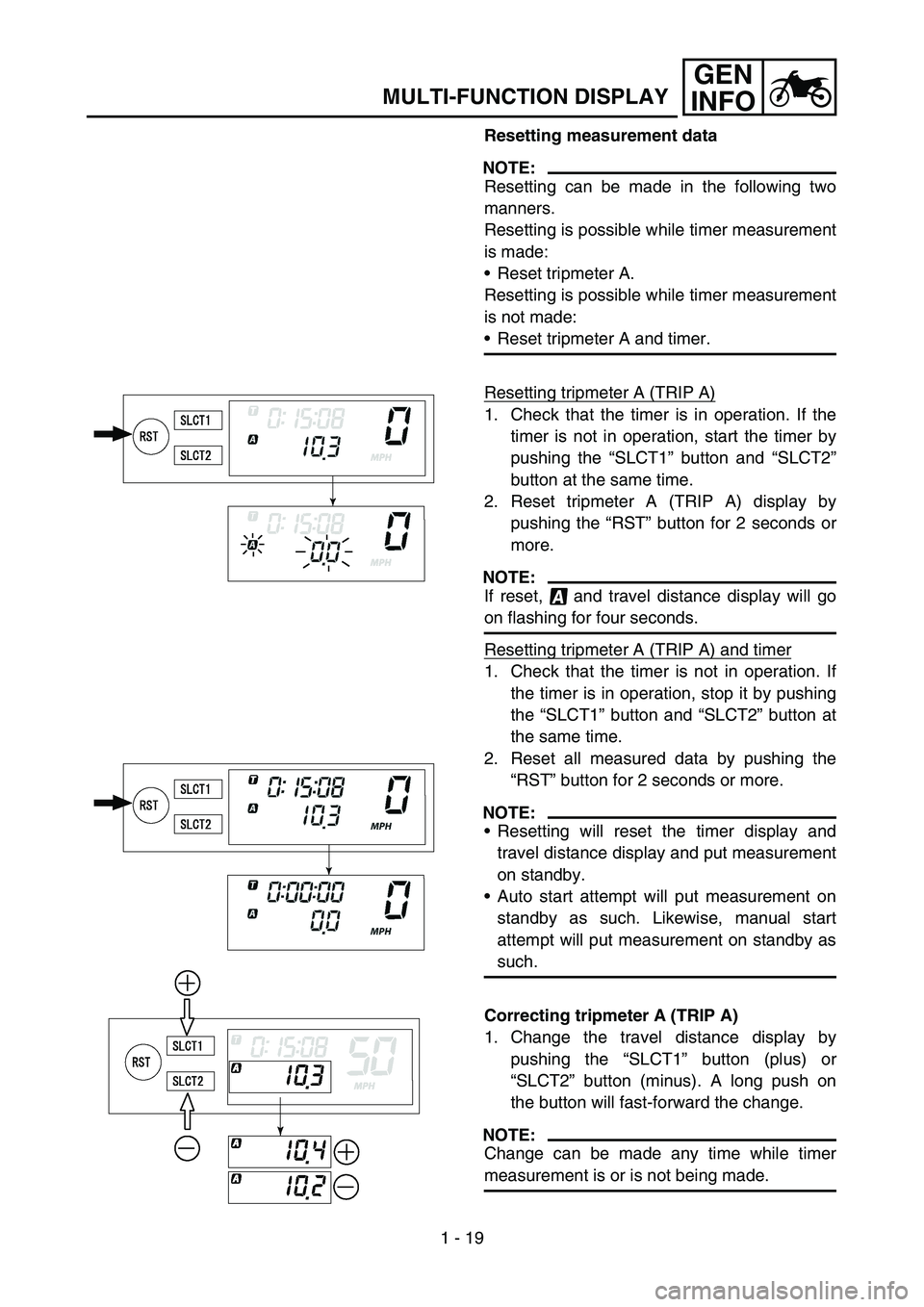 YAMAHA WR 450F 2006  Manuale de Empleo (in Spanish) 1 - 19
GEN
INFO
MULTI-FUNCTION DISPLAY
Resetting measurement data
NOTE:
Resetting can be made in the following two
manners.
Resetting is possible while timer measurement
is made:
Reset tripmeter A.
R