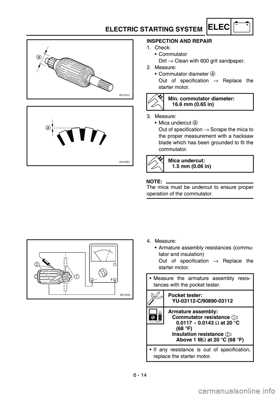 YAMAHA WR 450F 2006 Owners Manual 6 - 14
–+ELECELECTRIC STARTING SYSTEM
INSPECTION AND REPAIR
1. Check:
•Commutator
Dirt → Clean with 600 grit sandpaper.
2. Measure:
•Commutator diameter a
Out of specification → Replace YAMAHA WR 450F 2006 Owners Manual 6 - 14
–+ELECELECTRIC STARTING SYSTEM
INSPECTION AND REPAIR
1. Check:
•Commutator
Dirt → Clean with 600 grit sandpaper.
2. Measure:
•Commutator diameter a
Out of specification → Replace