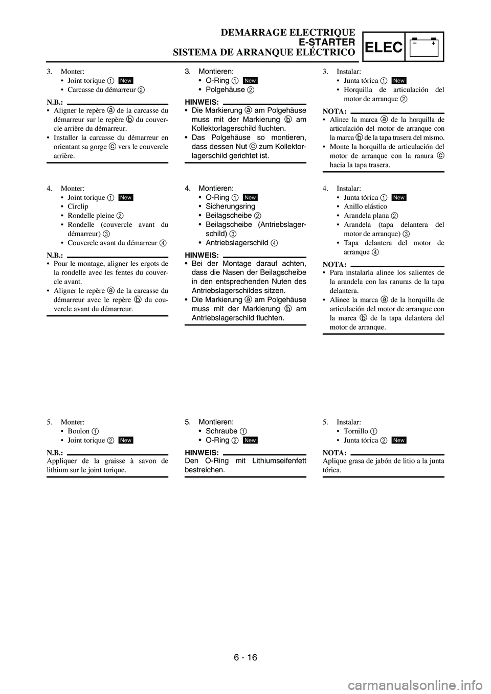 YAMAHA WR 450F 2006  Owners Manual –+ELEC
3. Montieren:
O-Ring 1
Polgehäuse 2 
HINWEIS:
Die Markierung a am Polgehäuse
muss mit der Markierung b am
Kollektorlagerschild fluchten.
Das Polgehäuse so montieren,
dass dessen Nut c 
