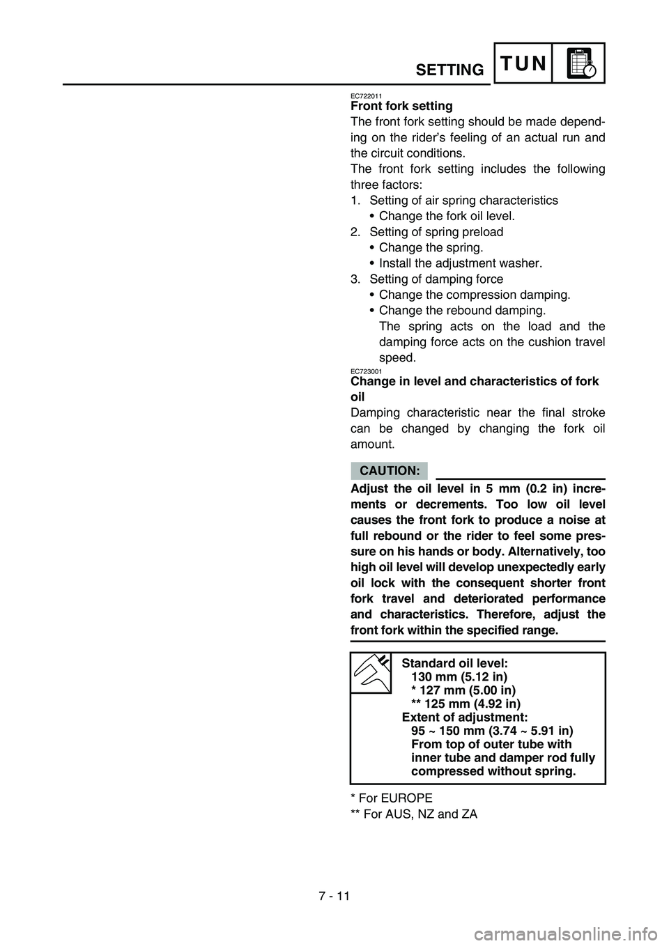 YAMAHA WR 450F 2006 Service Manual 7 - 11
TUNSETTING
EC722011
Front fork setting
The front fork setting should be made depend-
ing on the rider’s feeling of an actual run and
the circuit conditions.
The front fork setting includes th YAMAHA WR 450F 2006 Service Manual 7 - 11
TUNSETTING
EC722011
Front fork setting
The front fork setting should be made depend-
ing on the rider’s feeling of an actual run and
the circuit conditions.
The front fork setting includes th