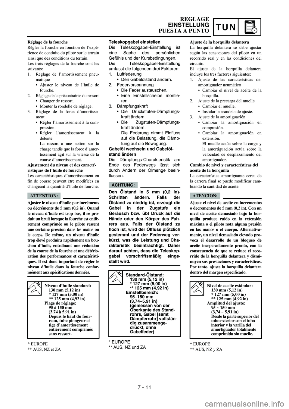 YAMAHA WR 450F 2006 Owners Manual TUN
Teleskopgabel einstellen
Die Teleskopgabel-Einstellung ist
eine Sache des persönlichen
Gefühls und der Kursbedingungen.
Die Teleskopgabel-Einstellung
umfasst die folgenden drei Faktoren:
1. Luft YAMAHA WR 450F 2006 Owners Manual TUN
Teleskopgabel einstellen
Die Teleskopgabel-Einstellung ist
eine Sache des persönlichen
Gefühls und der Kursbedingungen.
Die Teleskopgabel-Einstellung
umfasst die folgenden drei Faktoren:
1. Luft