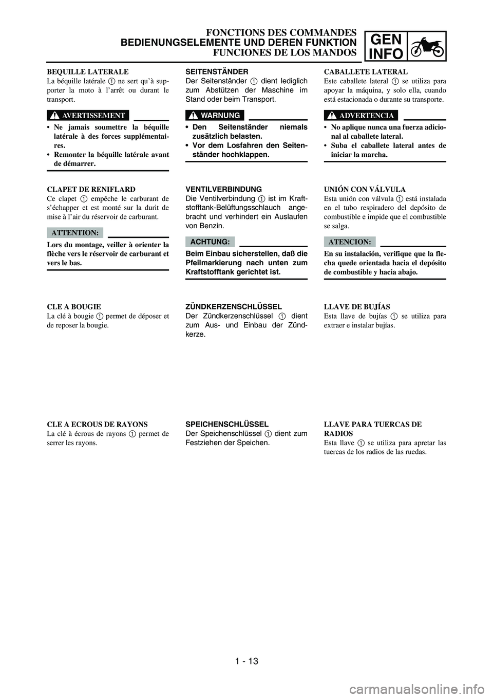 YAMAHA WR 450F 2005 Owners Manual GEN
INFO
SEITENSTÄNDER
Der Seitenständer 1 dient lediglich
zum Abstützen der Maschine im
Stand oder beim Transport.
WARNUNG
Den Seitenständer niemals
zusätzlich belasten.
Vor dem Losfahren den YAMAHA WR 450F 2005 Owners Manual GEN
INFO
SEITENSTÄNDER
Der Seitenständer 1 dient lediglich
zum Abstützen der Maschine im
Stand oder beim Transport.
WARNUNG
Den Seitenständer niemals
zusätzlich belasten.
Vor dem Losfahren den