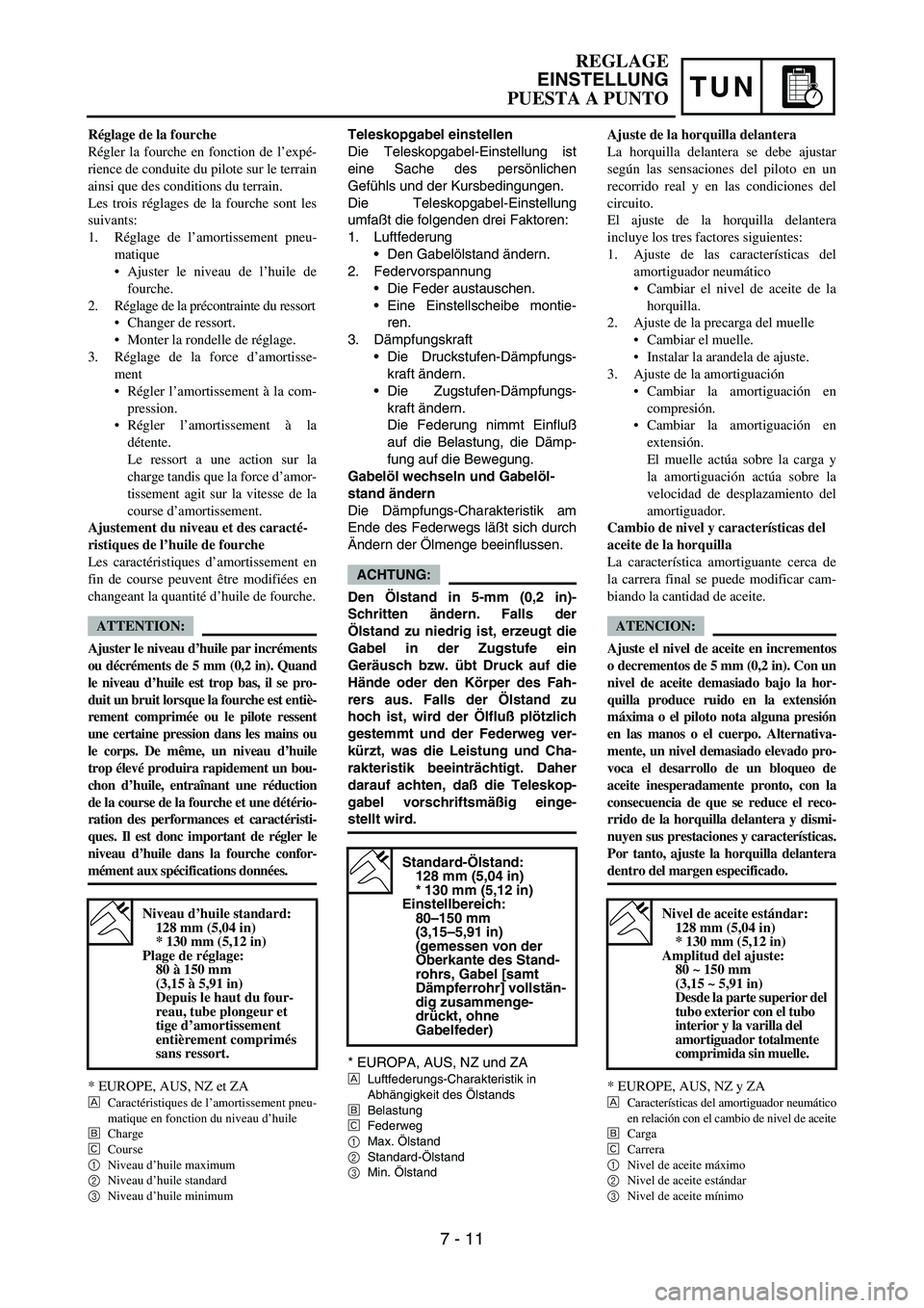 YAMAHA WR 450F 2005 Manuale de Empleo (in Spanish) TUN
Teleskopgabel einstellen
Die Teleskopgabel-Einstellung ist
eine Sache des persönlichen
Gefühls und der Kursbedingungen.
Die Teleskopgabel-Einstellung
umfaßt die folgenden drei Faktoren:
1. Luft YAMAHA WR 450F 2005 Manuale de Empleo (in Spanish) TUN
Teleskopgabel einstellen
Die Teleskopgabel-Einstellung ist
eine Sache des persönlichen
Gefühls und der Kursbedingungen.
Die Teleskopgabel-Einstellung
umfaßt die folgenden drei Faktoren:
1. Luft