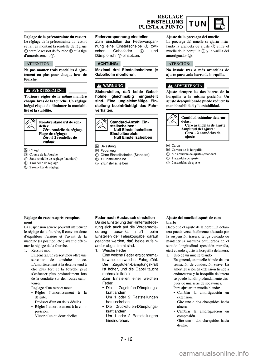 YAMAHA WR 450F 2005 Manuale de Empleo (in Spanish) TUN
Federvorspannung einstellen
Zum Einstellen der Federvorspan-
nung eine Einstellscheibe 1 zwi-
schen Gabelfeder 2 und
Dämpferrohr 3 einsetzen.
ACHTUNG:
Maximal drei Einstellscheiben je
Gabelholm m YAMAHA WR 450F 2005 Manuale de Empleo (in Spanish) TUN
Federvorspannung einstellen
Zum Einstellen der Federvorspan-
nung eine Einstellscheibe 1 zwi-
schen Gabelfeder 2 und
Dämpferrohr 3 einsetzen.
ACHTUNG:
Maximal drei Einstellscheiben je
Gabelholm m