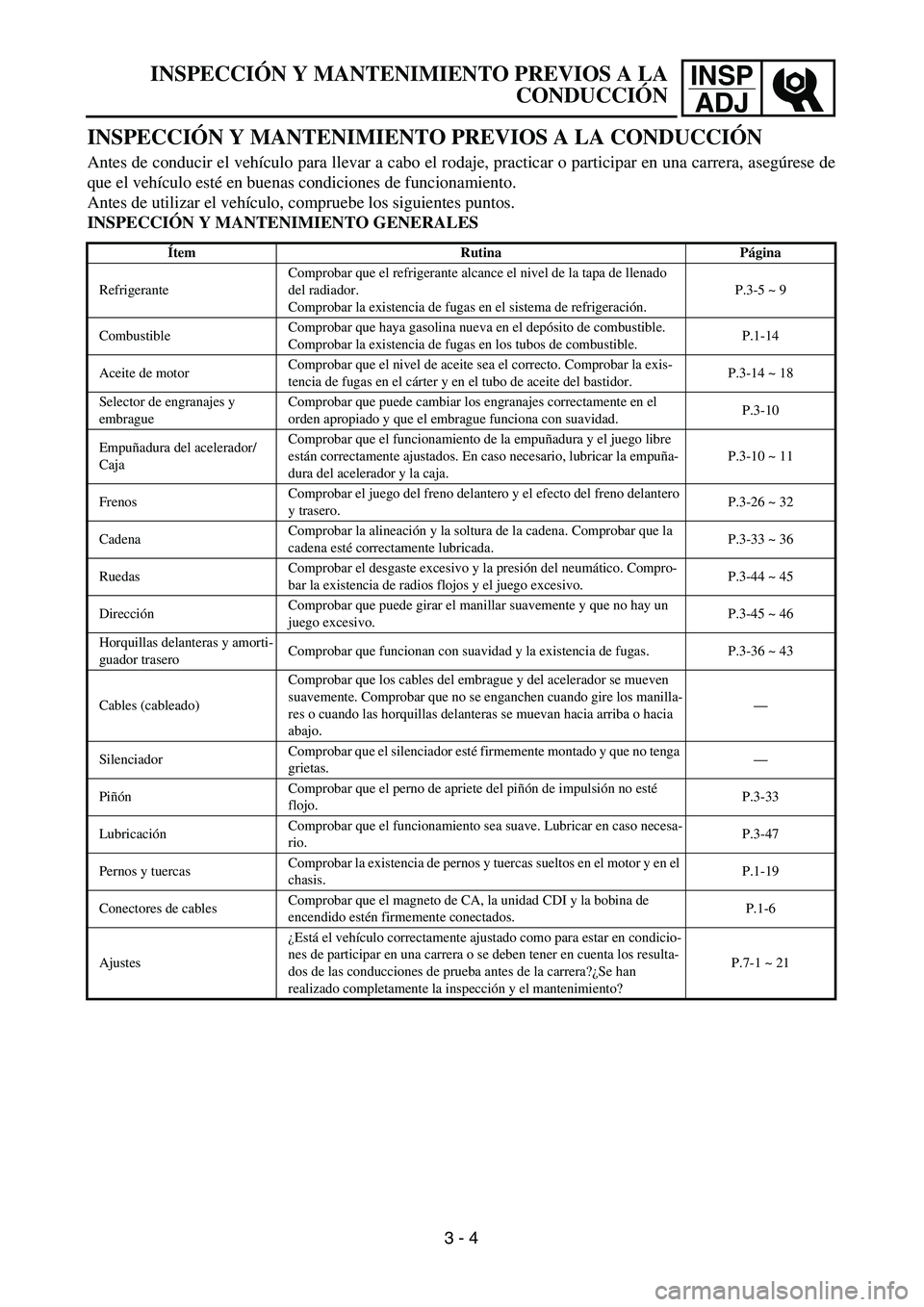 YAMAHA WR 450F 2004  Owners Manual INSP
ADJINSPECCIÓN Y MANTENIMIENTO PREVIOS A LA
CONDUCCIÓN
INSPECCIÓN Y MANTENIMIENTO PREVIOS A LA CONDUCCIÓN
Antes de conducir el vehículo para llevar a cabo el rodaje, practicar o participar en