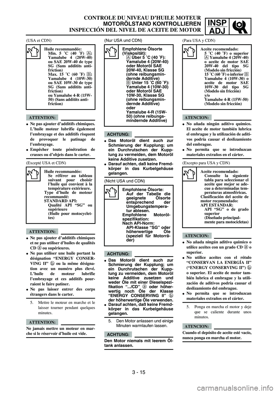 YAMAHA WR 450F 2004  Owners Manual INSP
ADJ
CONTROLE DU NIVEAU D’HUILE MOTEUR
MOTORÖLSTAND KONTROLLIEREN
INSPECCIÓN DEL NIVEL DE ACEITE DE MOTOR
(Nur USA und CDN)
ACHTUNG:
Das Motoröl dient auch zur
Schmierung der Kupplung; um
ei
