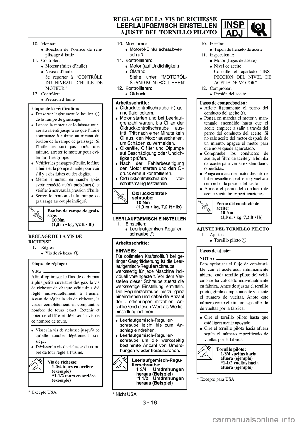 YAMAHA WR 450F 2004 Repair Manual INSP
ADJ
REGLAGE DE LA VIS DE RICHESSE
LEERLAUFGEMISCH EINSTELLEN
AJUSTE DEL TORNILLO PILOTO
10. Montieren:
Motoröl-Einfüllschraubver-
schluß
11. Kontrollieren:
Motor (auf Undichtigkeit)
Ölstan