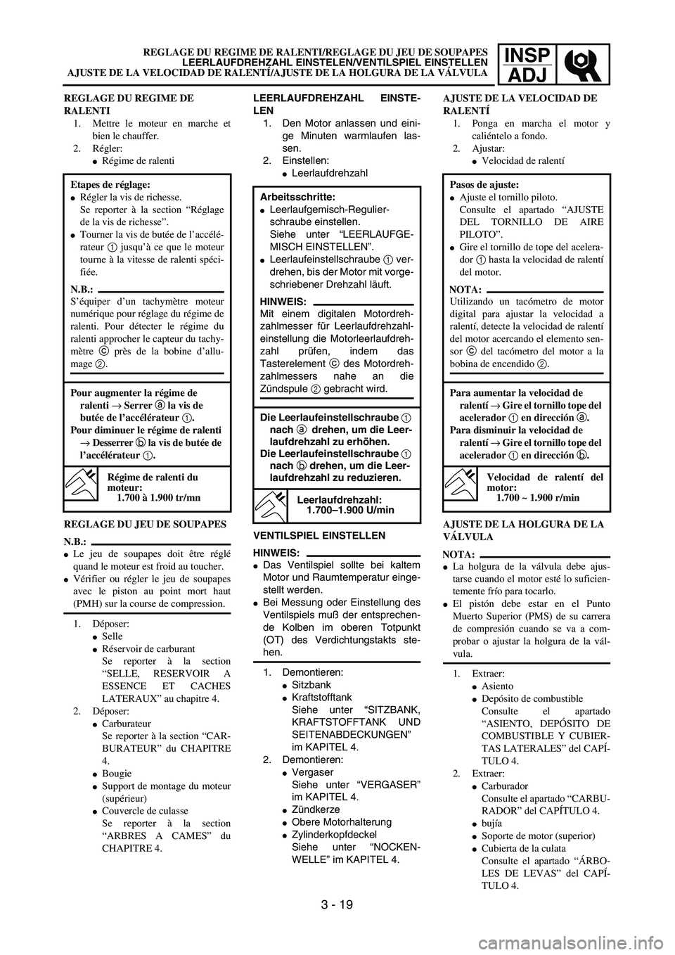 YAMAHA WR 450F 2004  Owners Manual INSP
ADJREGLAGE DU REGIME DE RALENTI/REGLAGE DU JEU DE SOUPAPES
LEERLAUFDREHZAHL EINSTELEN/VENTILSPIEL EINSTELLEN
AJUSTE DE LA VELOCIDAD DE RALENTÍ/AJUSTE DE LA HOLGURA DE LA VÁLVULA
LEERLAUFDREHZAH