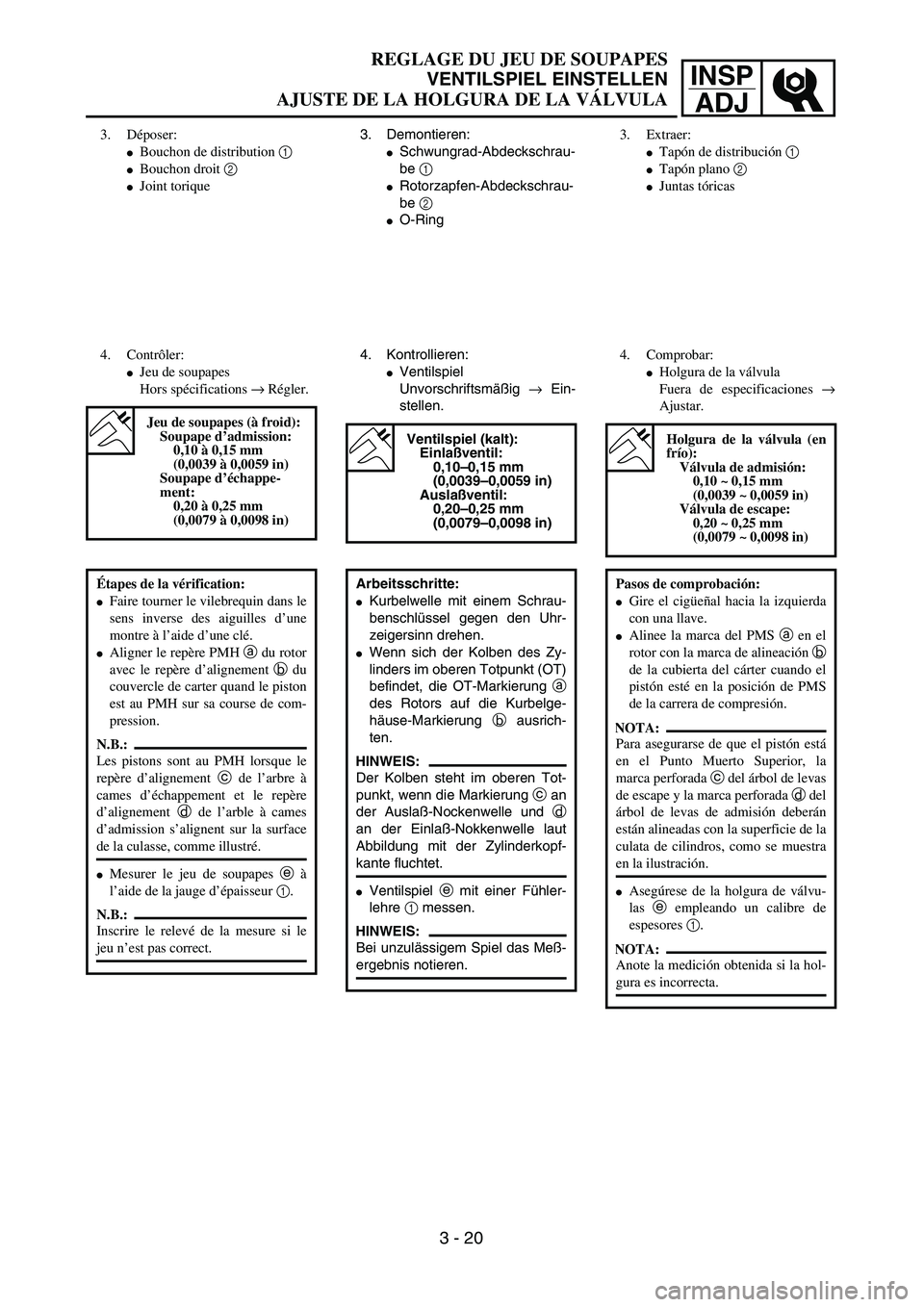 YAMAHA WR 450F 2004 Manual PDF INSP
ADJ
REGLAGE DU JEU DE SOUPAPES
VENTILSPIEL EINSTELLEN
AJUSTE DE LA HOLGURA DE LA VÁLVULA
3. Demontieren:
Schwungrad-Abdeckschrau-
be 1 
Rotorzapfen-Abdeckschrau-
be 2 
O-Ring
4. Kontrollieren