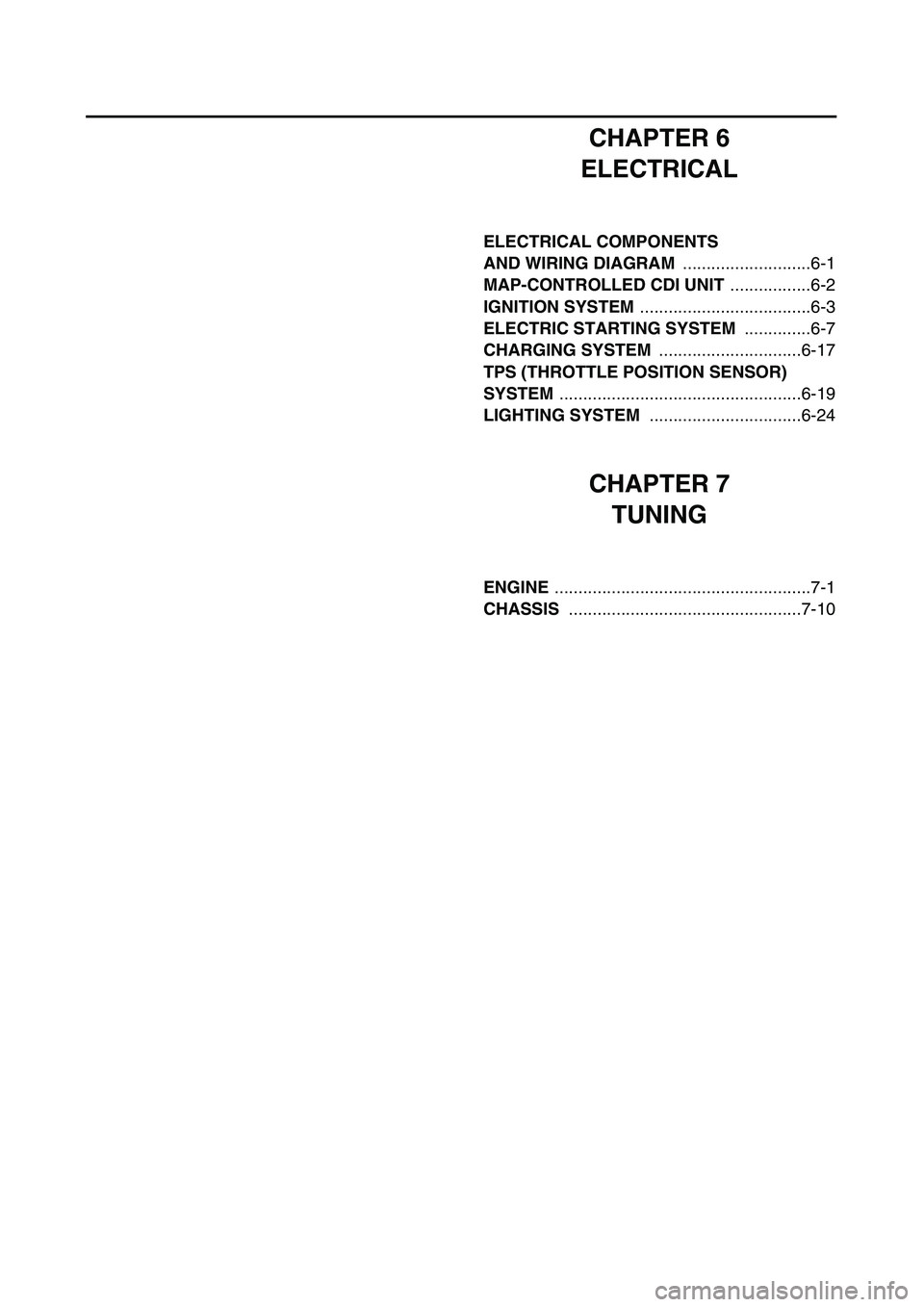 YAMAHA WR 450F 2004  Manuale de Empleo (in Spanish)  
CHAPTER 6
ELECTRICAL 
ELECTRICAL COMPONENTS 
AND WIRING DIAGRAM   
...........................6-1  
MAP-CONTROLLED CDI UNIT  
.................6-2  
IGNITION SYSTEM  
...............................