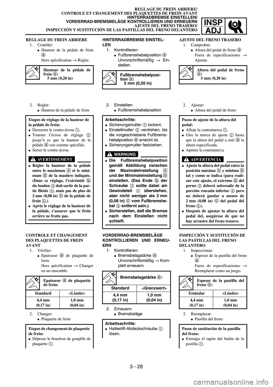 YAMAHA WR 450F 2004 Manual PDF INSP
ADJ
REGLAGE DU FREIN ARRIERE/
CONTROLE ET CHANGEMENT DES PLAQUETTES DE FREIN AVANT
HINTERRADBREMSE EINSTELLEN/
VORDERRAD-BREMSBELÄGE KONTROLLIEREN UND ERNEUERN
AJUSTE DEL FRENO TRASERO/
INSPECCI