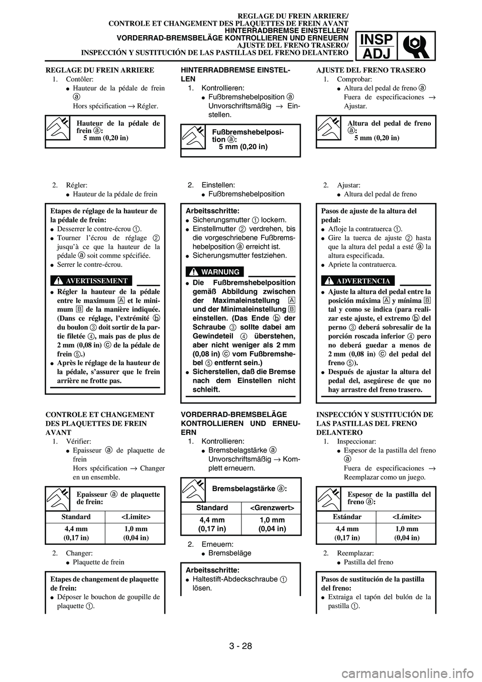 YAMAHA WR 450F 2004  Manuale de Empleo (in Spanish) INSP
ADJ
REGLAGE DU FREIN ARRIERE/
CONTROLE ET CHANGEMENT DES PLAQUETTES DE FREIN AVANT
HINTERRADBREMSE EINSTELLEN/
VORDERRAD-BREMSBELÄGE KONTROLLIEREN UND ERNEUERN
AJUSTE DEL FRENO TRASERO/
INSPECCI