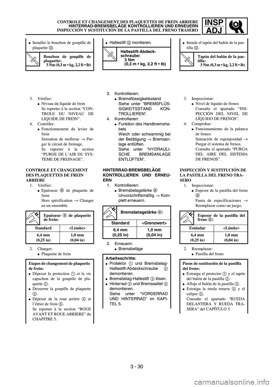 YAMAHA WR 450F 2004  Manuale de Empleo (in Spanish) INSP
ADJCONTROLE ET CHANGEMENT DES PLAQUETTES DE FREIN ARRIERE
HINTERRAD-BREMSBELÄGE KONTROLLIEREN UND ERNEUERN
INSPECCIÓN Y SUSTITUCIÓN DE LA PASTILLA DEL FRENO TRASERO
3. Kontrollieren:
Bremsfl�