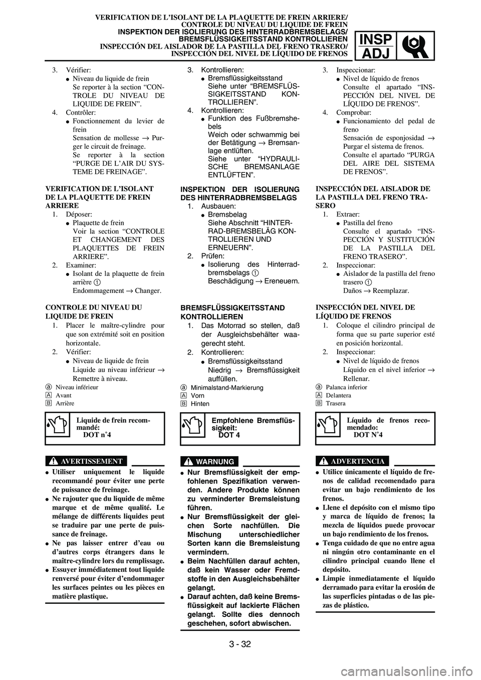 YAMAHA WR 450F 2004 Manual PDF INSP
ADJ
VERIFICATION DE L’ISOLANT DE LA PLAQUETTE DE FREIN ARRIERE/
CONTROLE DU NIVEAU DU LIQUIDE DE FREIN
INSPEKTION DER ISOLIERUNG DES HINTERRADBREMSBELAGS/
BREMSFLÜSSIGKEITSSTAND KONTROLLIEREN
