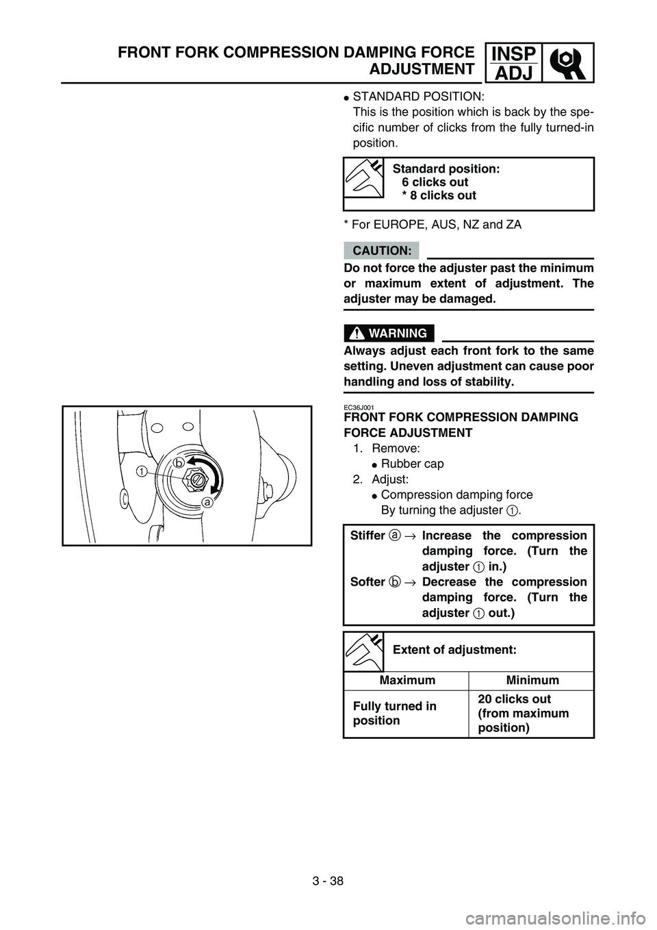 YAMAHA WR 450F 2004  Owners Manual 3 - 38
INSP
ADJFRONT FORK COMPRESSION DAMPING FORCE
ADJUSTMENT
STANDARD POSITION:
This is the position which is back by the spe-
cific number of clicks from the fully turned-in
position.
* For EUROPE
