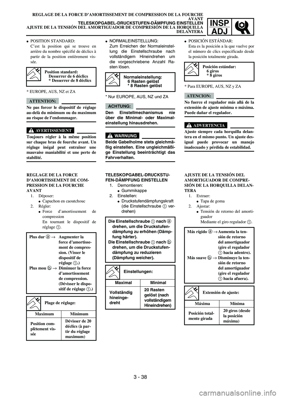 YAMAHA WR 450F 2004 Manual Online INSP
ADJ
REGLAGE DE LA FORCE D’AMORTISSEMENT DE COMPRESSION DE LA FOURCHE
AVANT
TELESKOPGABEL-DRUCKSTUFEN-DÄMPFUNG EINSTELLEN
AJUSTE DE LA TENSIÓN DEL AMORTIGUADOR DE COMPRESIÓN DE LA HORQUILLA
D