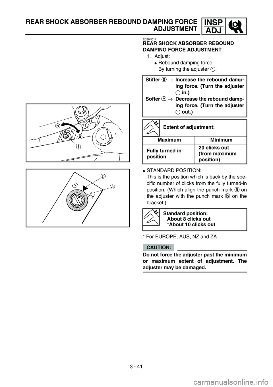YAMAHA WR 450F 2004  Owners Manual 3 - 41
INSP
ADJ
EC36N014
REAR SHOCK ABSORBER REBOUND 
DAMPING FORCE ADJUSTMENT
1. Adjust:
Rebound damping force
By turning the adjuster 1.
Stiffer a →Increase the rebound damp-
ing force. (Turn the