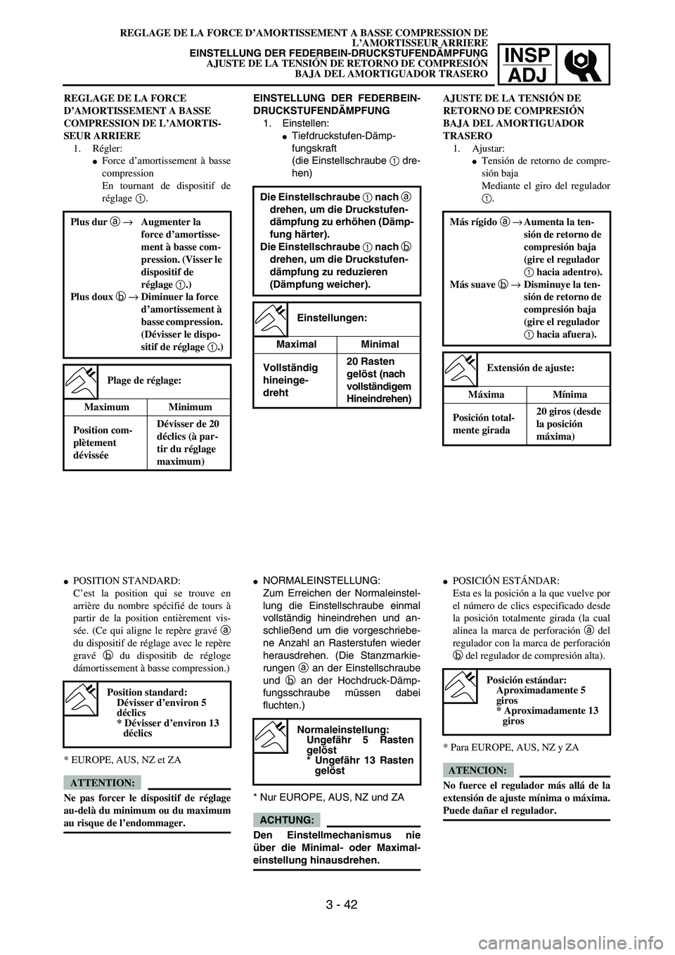 YAMAHA WR 450F 2004 Manual Online INSP
ADJ
REGLAGE DE LA FORCE D’AMORTISSEMENT A BASSE COMPRESSION DE
L’AMORTISSEUR ARRIERE
EINSTELLUNG DER FEDERBEIN-DRUCKSTUFENDÄMPFUNG
AJUSTE DE LA TENSIÓN DE RETORNO DE COMPRESIÓN
BAJA DEL AM
