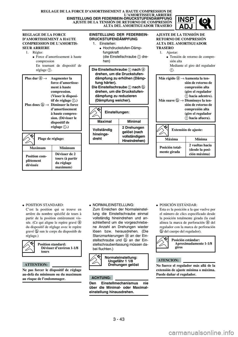 YAMAHA WR 450F 2004 Manual Online INSP
ADJ
EINSTELLUNG DER FEDERBEIN-
DRUCKSTUFENDÄMPFUNG
1. Einstellen:
Hochdruckstufen-Dämp-
fungskraft
(die Einstellschraube 1 dre-
hen)
Die Einstellschraube 1 nach a 
drehen, um die Druckstufen-
