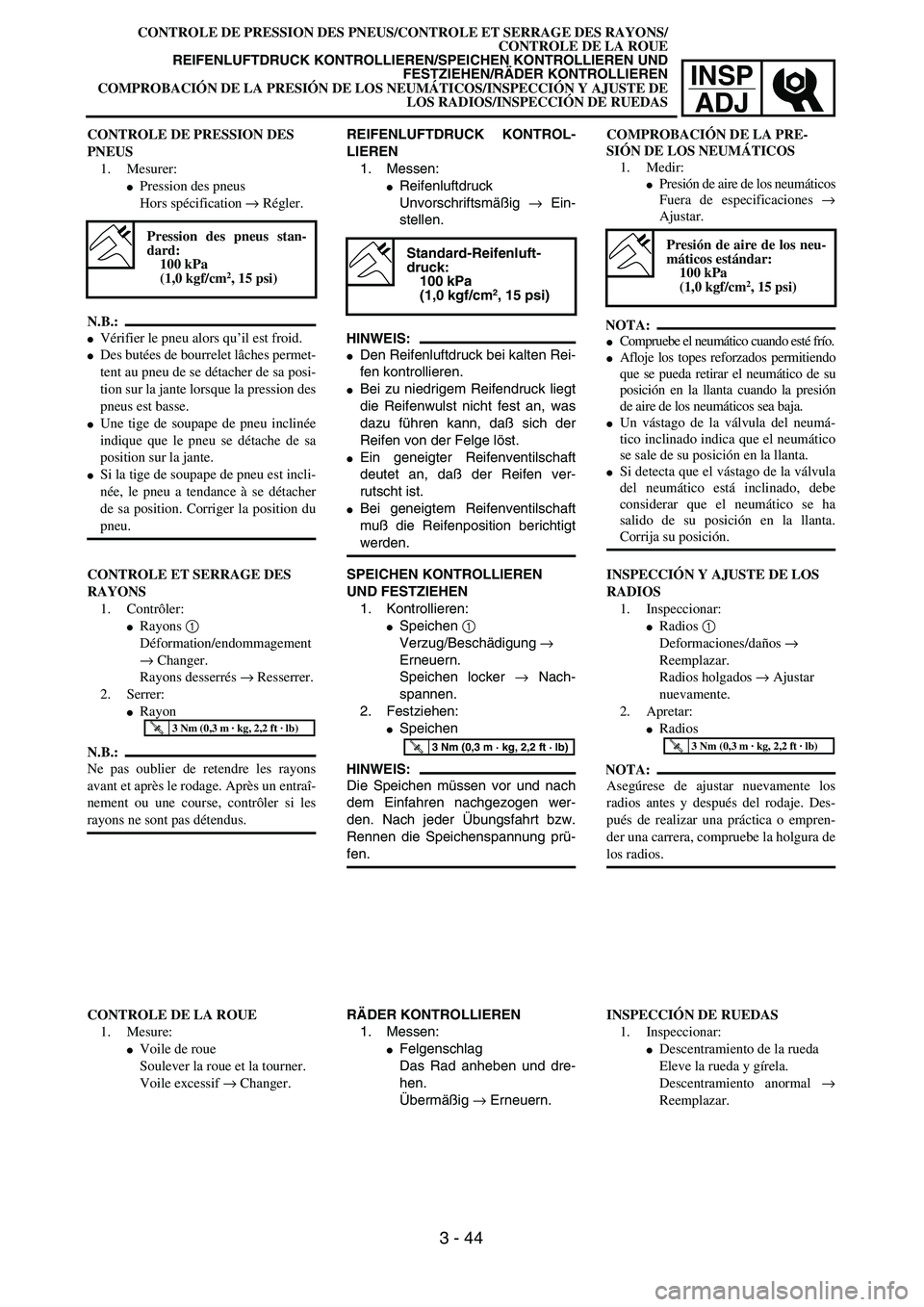 YAMAHA WR 450F 2004 Manual Online INSP
ADJ
CONTROLE DE PRESSION DES PNEUS/CONTROLE ET SERRAGE DES RAYONS/
CONTROLE DE LA ROUE
REIFENLUFTDRUCK KONTROLLIEREN/SPEICHEN KONTROLLIEREN UND
FESTZIEHEN/RÄDER KONTROLLIEREN
COMPROBACIÓN DE LA