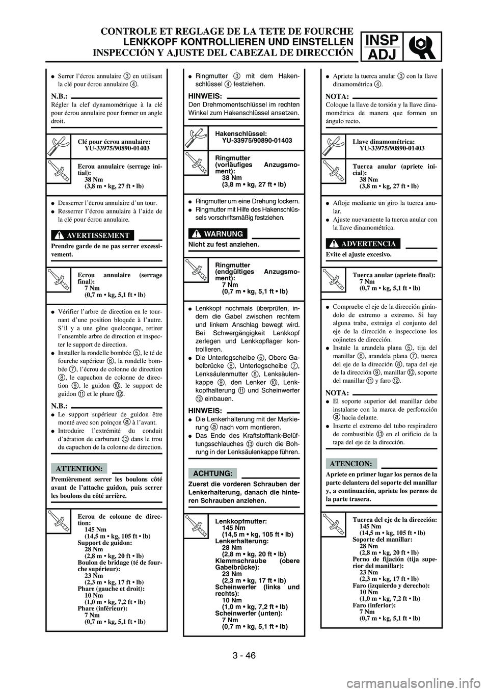 YAMAHA WR 450F 2004 Manual Online INSP
ADJ
CONTROLE ET REGLAGE DE LA TETE DE FOURCHE
LENKKOPF KONTROLLIEREN UND EINSTELLEN
INSPECCIÓN Y AJUSTE DEL CABEZAL DE DIRECCIÓN
Ringmutter 3 mit dem Haken-
schlüssel 4 festziehen.
HINWEIS:De