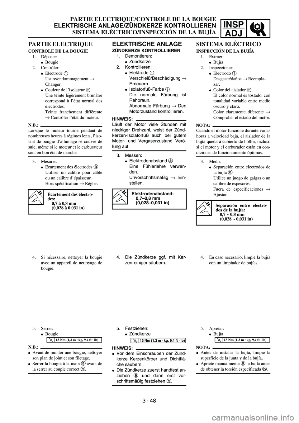 YAMAHA WR 450F 2004  Owners Manual INSP
ADJ
PARTIE ELECTRIQUE
CONTROLE DE LA BOUGIE
1. Déposer:
Bougie
2. Contrôler:
Electrode 1 
Usure/endommagement → 
Changer.
Couleur de l’isolateur 2 
Une teinte légèrement brunâtre
corr