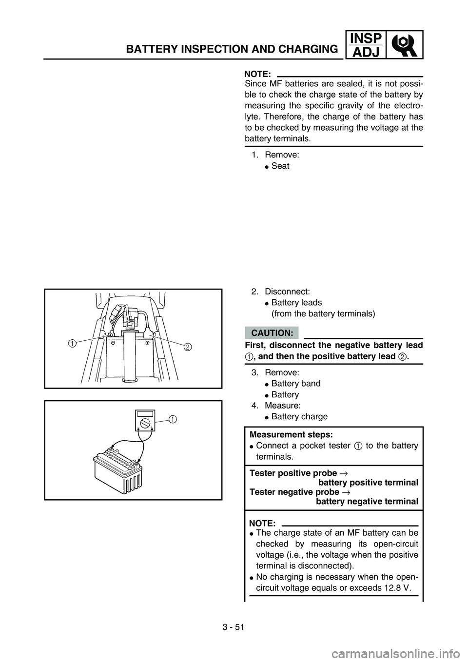 YAMAHA WR 450F 2004  Owners Manual 3 - 51
INSP
ADJ
BATTERY INSPECTION AND CHARGING
NOTE:
Since MF batteries are sealed, it is not possi-
ble to check the charge state of the battery by
measuring the specific gravity of the electro-
lyt
