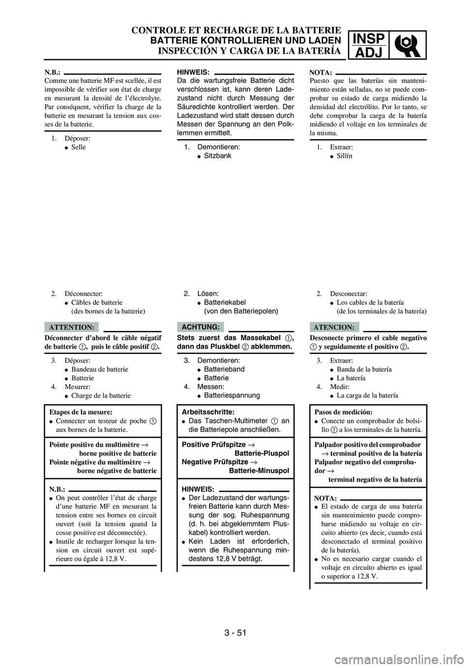 YAMAHA WR 450F 2004  Owners Manual INSP
ADJ
HINWEIS:
Da die wartungsfreie Batterie dicht
verschlossen ist, kann deren Lade-
zustand nicht durch Messung der
Säuredichte kontrolliert werden. Der
Ladezustand wird statt dessen durch
Messe
